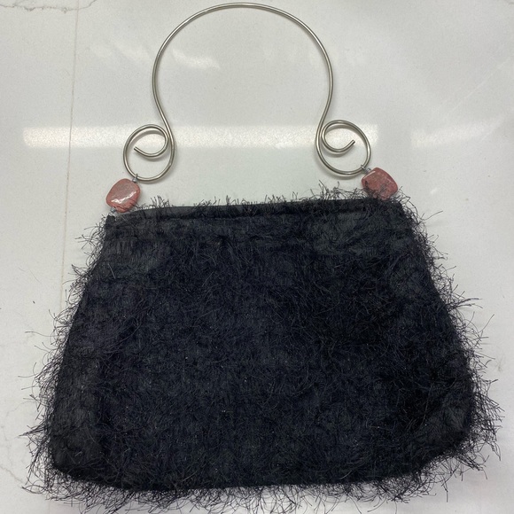 Black Fuzzy handbag with polished stones and wire handle - Picture 1 of 5